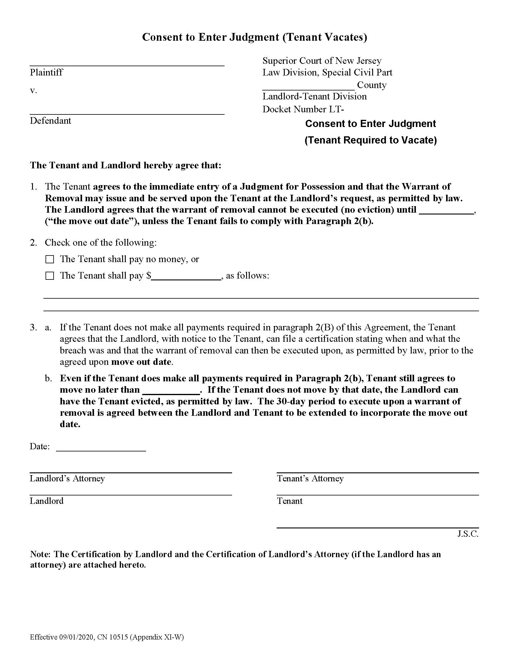 Consent To Enter Judgment Tenant Vacates {10515} | Pdf Fpdf Doc Docx | New Jersey