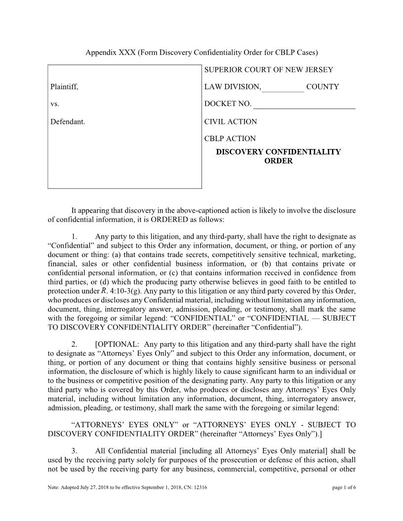 Discovery Confidentiality Order (CBLP Cases) {12316} | Pdf Fpdf Docx | New Jersey