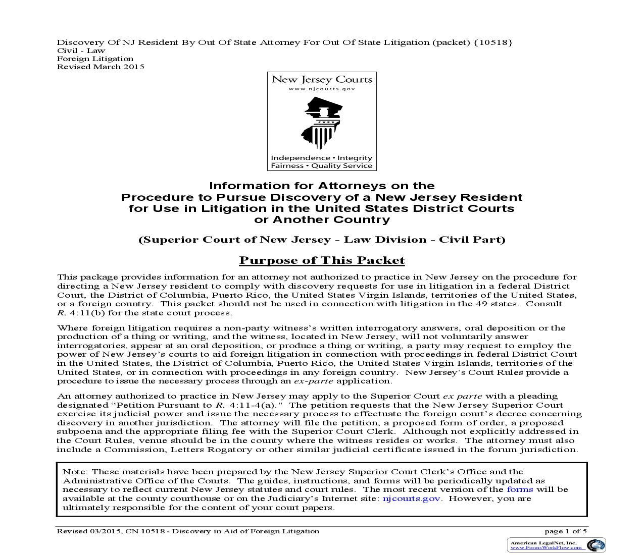 Discovery Of NJ Resident By Out Of State Attorney For Out Of State Litigation (packet) {10518} | Pdf Fpdf Doc Docx | New Jersey