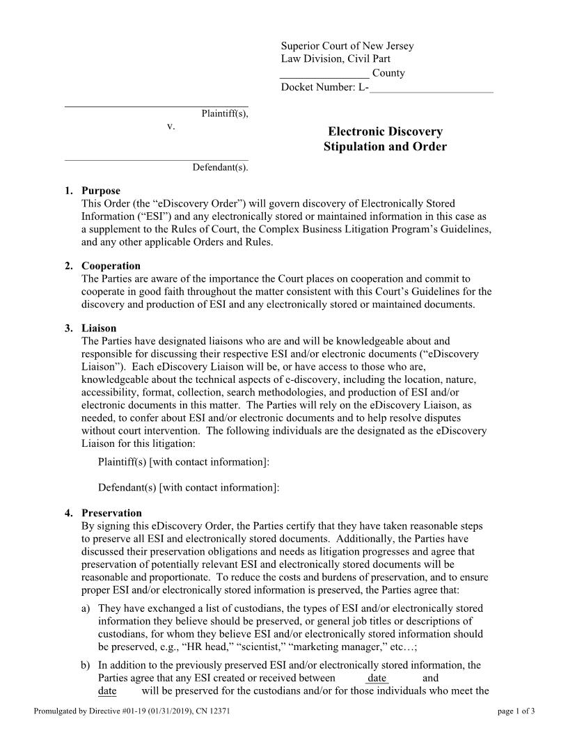 Electronic Discovery Stipulation And Order (CBLP) {12371} | Pdf Fpdf Docx | New Jersey