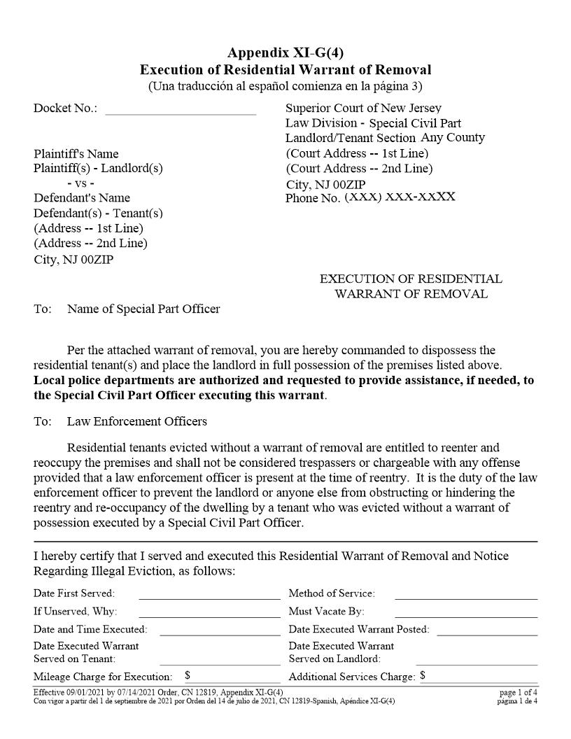 Execution of Residential Warrant of Removal Appendix XI-G(4) {12819} | Pdf Fpdf Docx | New Jersey