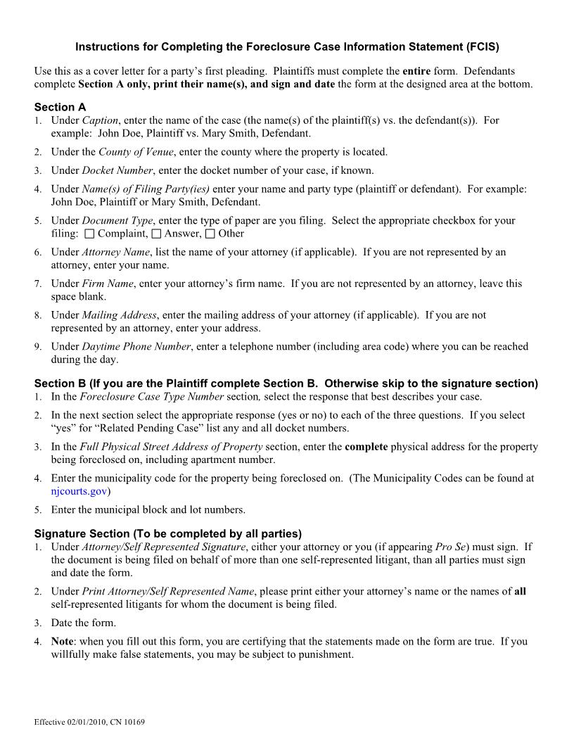 Foreclosure Case Information Statement {10169} | Pdf Fpdf Doc Docx | New Jersey