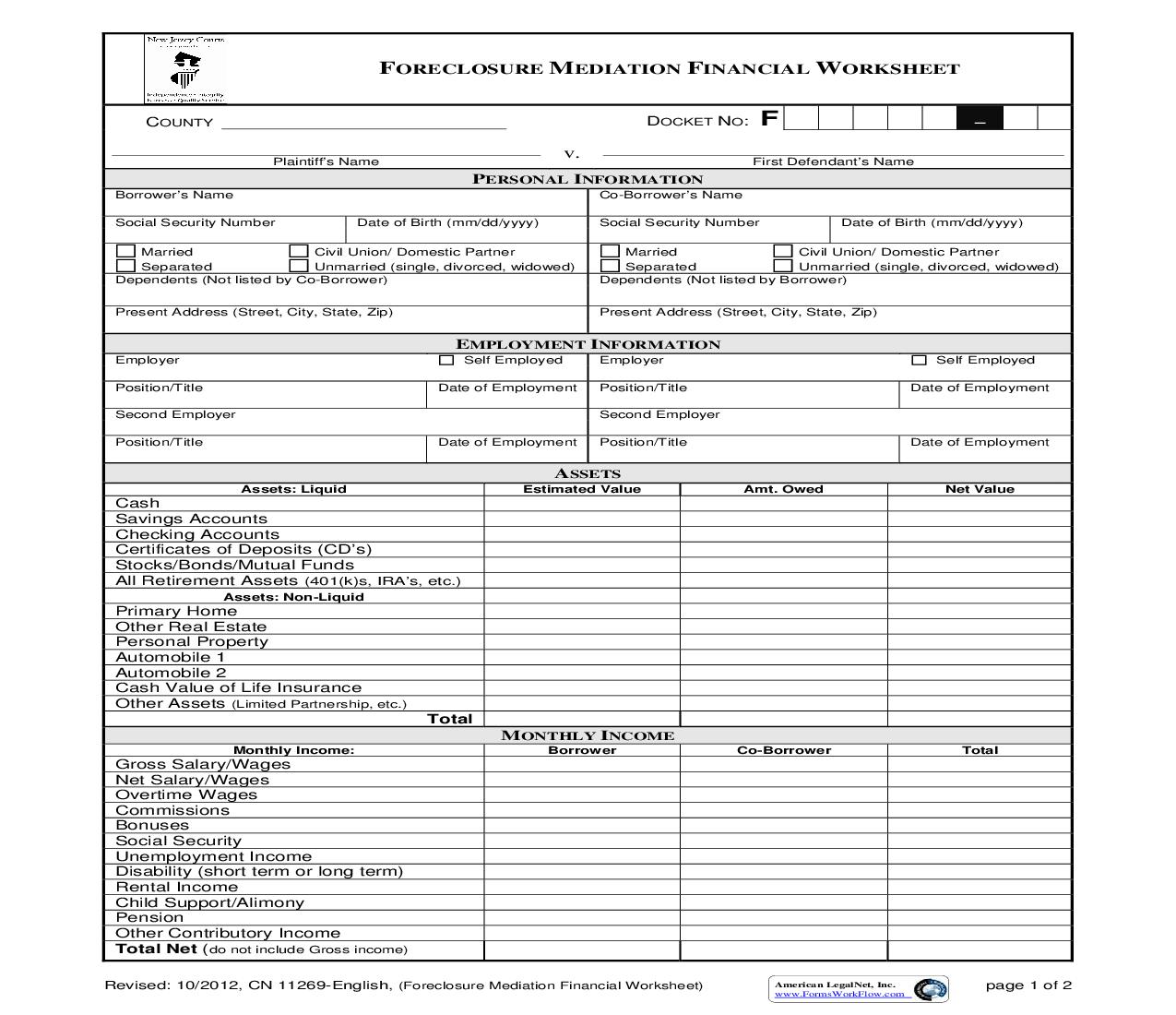 Foreclosure Mediation Financial Worksheet {11269} | Pdf Fpdf Doc Docx | New Jersey