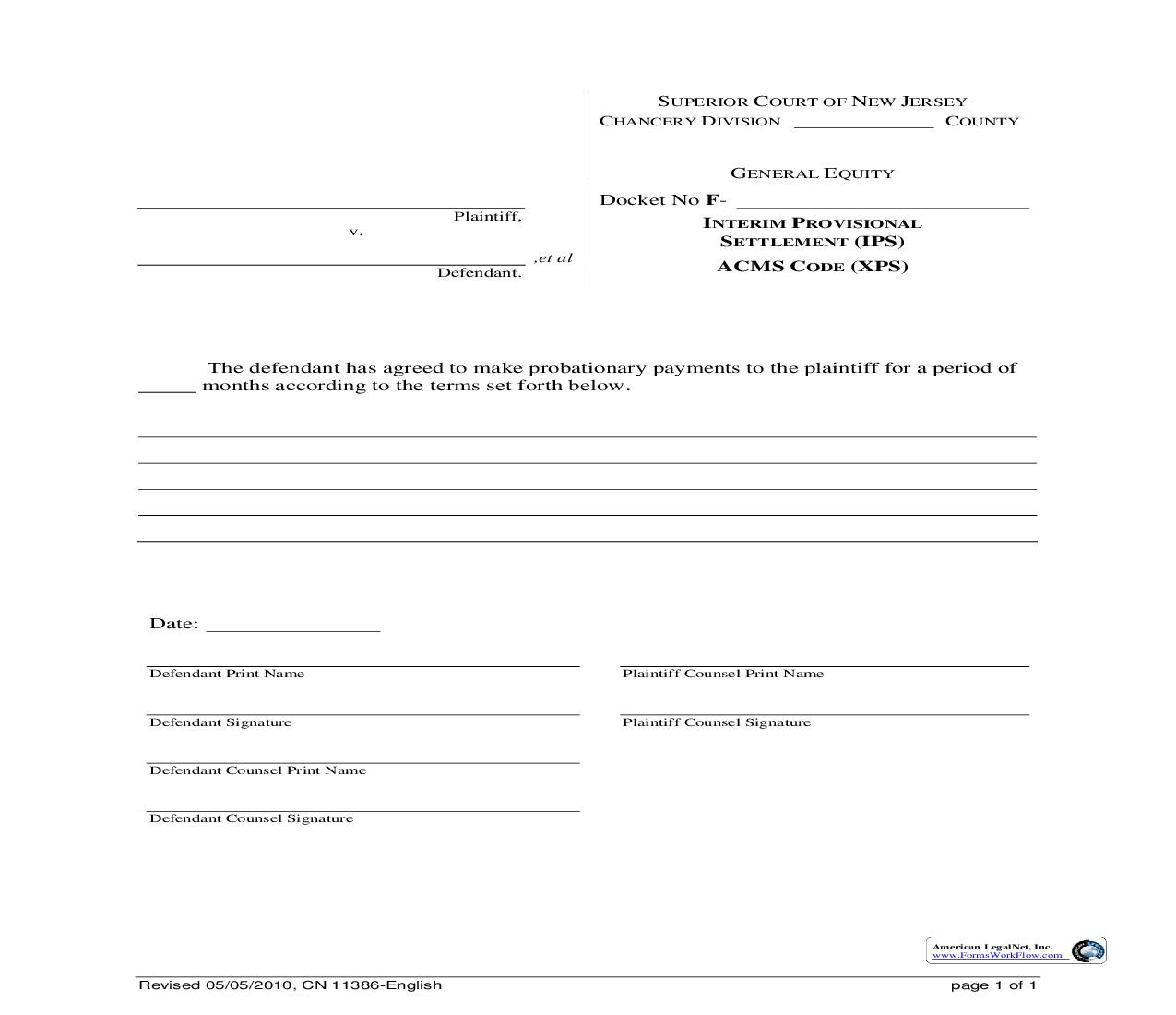 Interim Provisional Settlement (IPS) {11386} | Pdf Fpdf Doc Docx | New Jersey