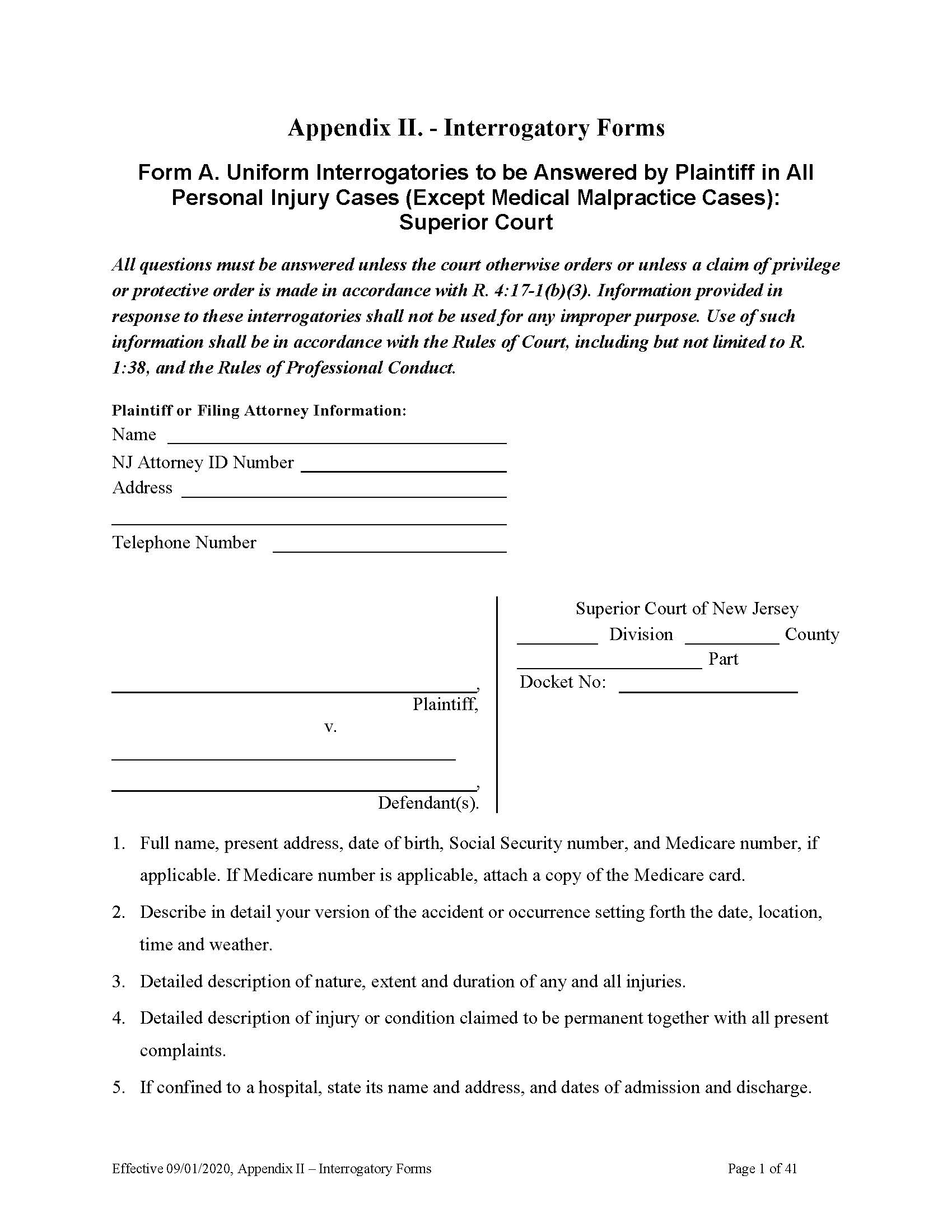 Interrogatory Forms - Appendix II {12051} | Pdf Fpdf Docx | New Jersey