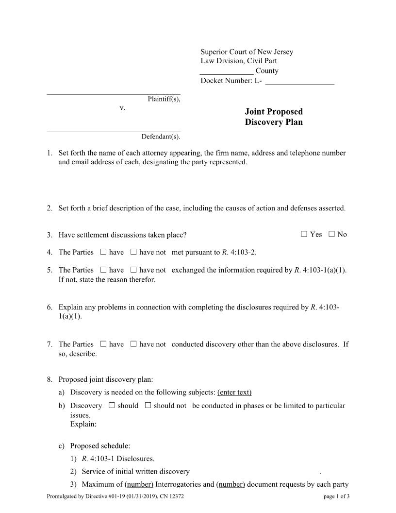 Joint Proposed Discovery Plan (CBLP) {12372} | Pdf Fpdf Docx | New Jersey
