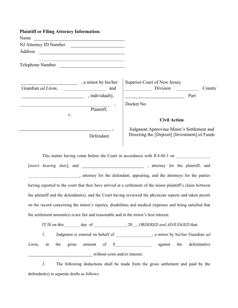 Judgment Approving Minors Settlement And Directing Deposit-Investment Of Funds {10520} | Pdf Fpdf Doc Docx | New Jersey