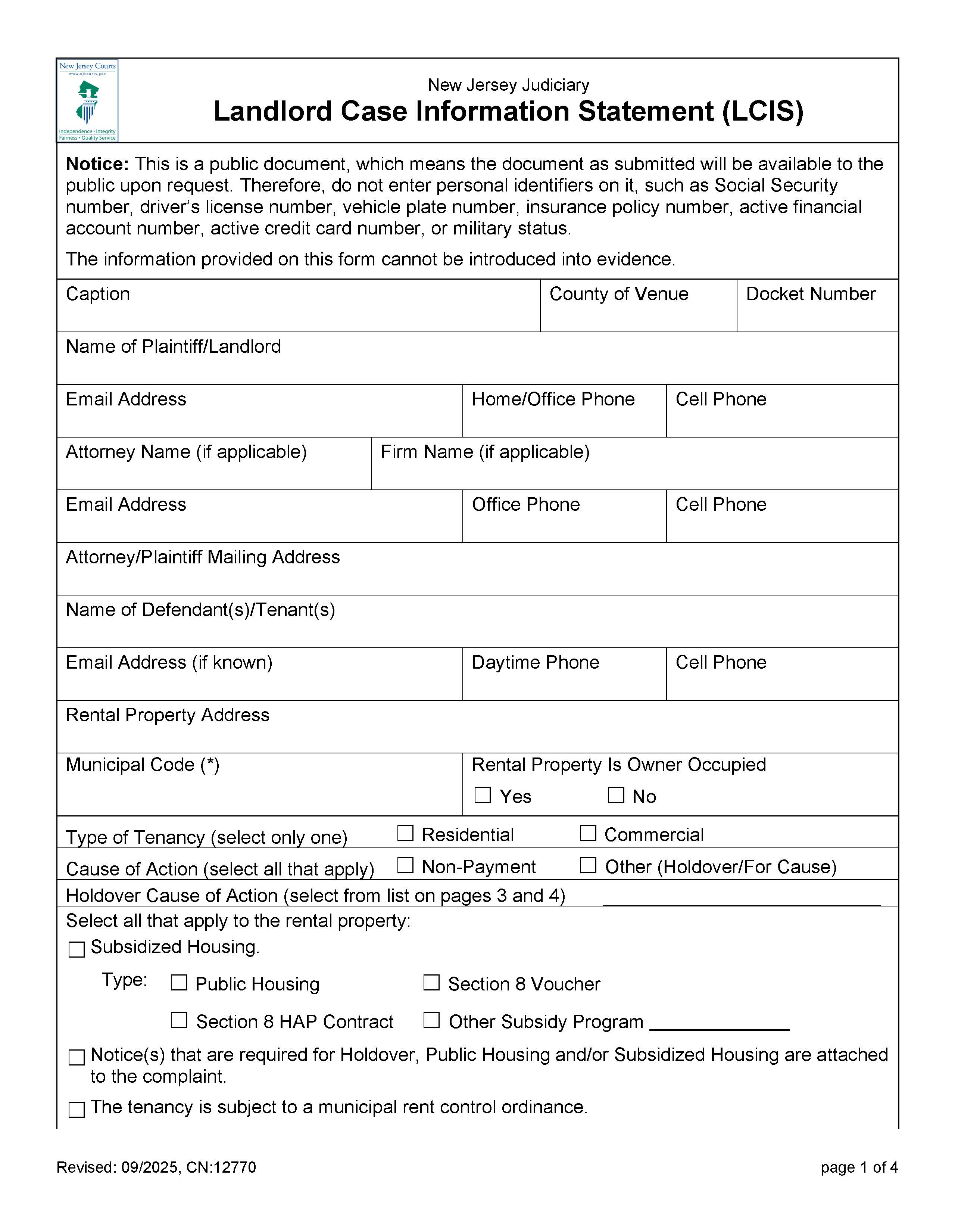 Landlord Case Information Statement {12770} | Pdf Fpdf Docx | New Jersey