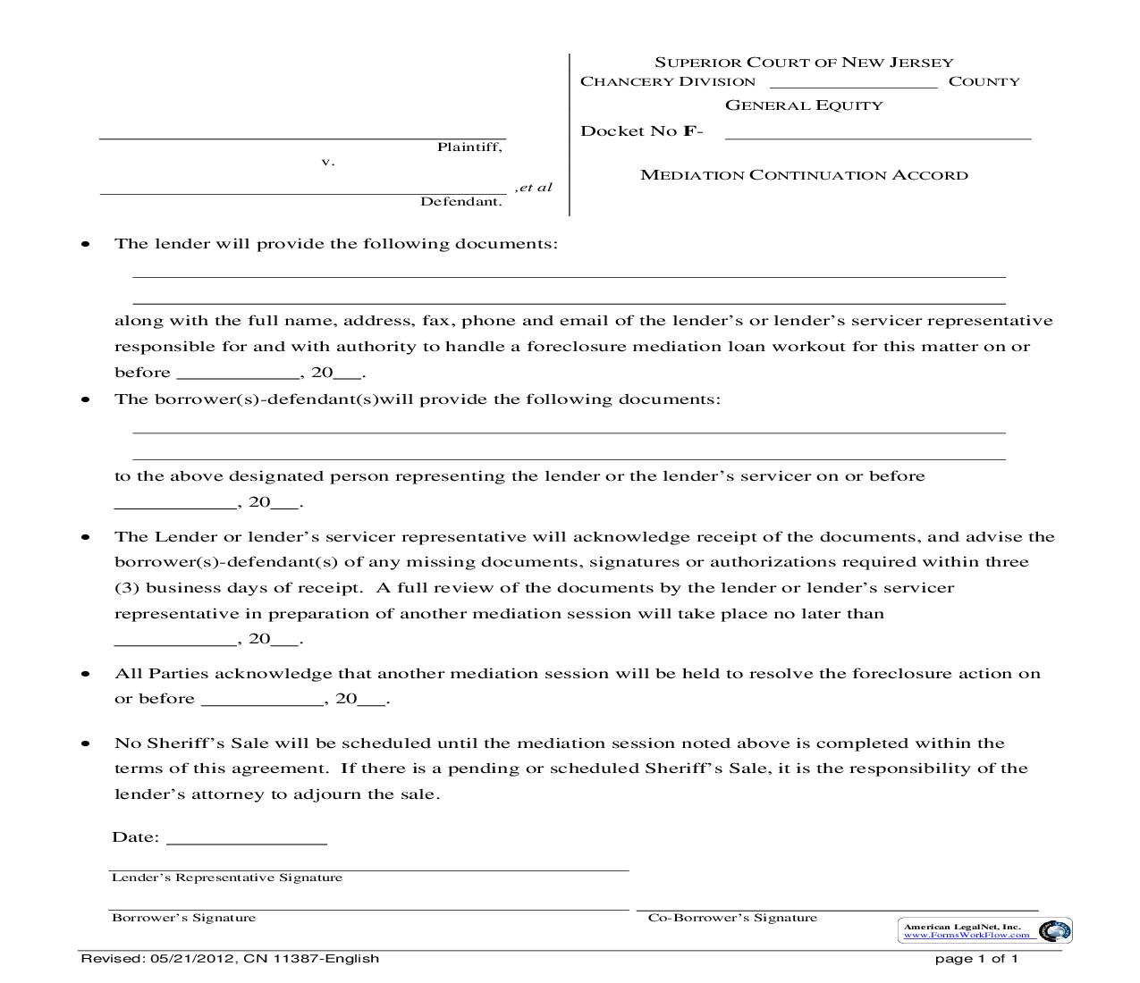 Mediation Continuation Accord {11387} | Pdf Fpdf Doc Docx | New Jersey
