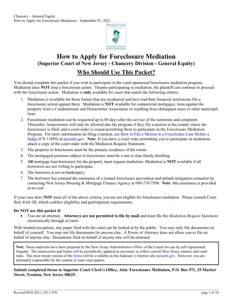 Mediation Request Statement (Foreclosure) {11270} | Pdf Fpdf Docx | New Jersey