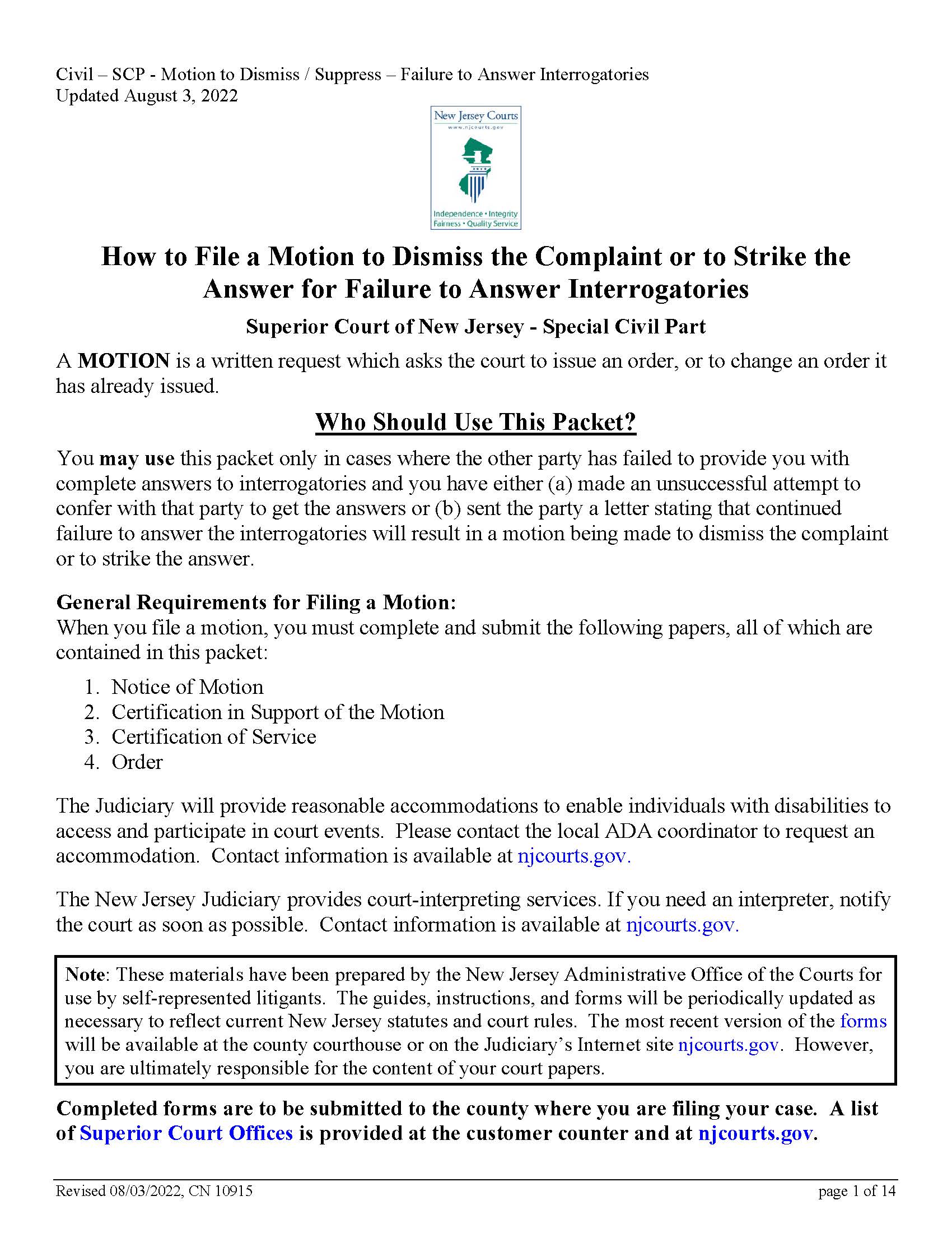 Motion To Dismiss Complaint - Strike For Failure To Answer Interrogatories {10915} | Pdf Fpdf Docx | New Jersey