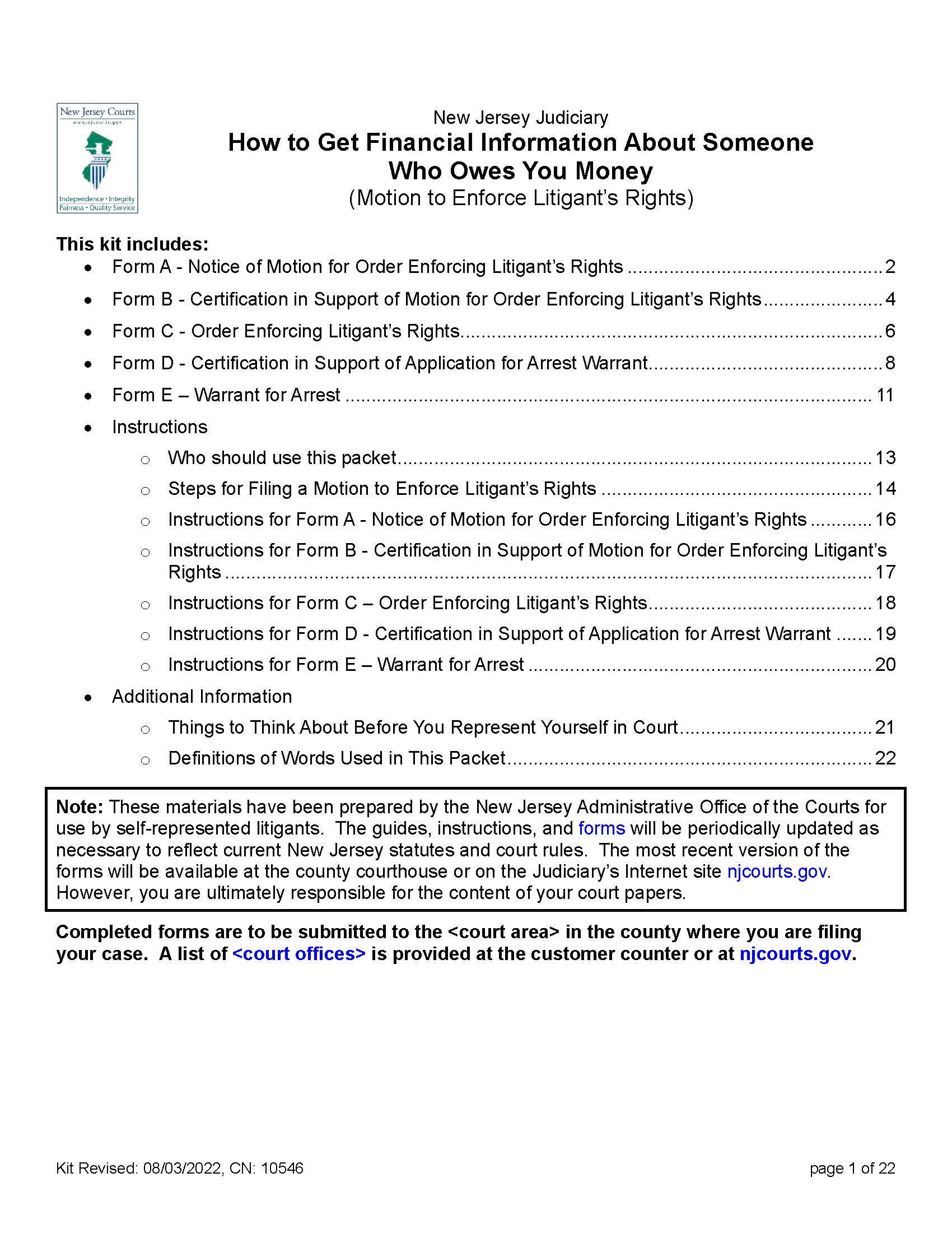 Motion To Enforce Litigants Rights Packet {10546} | Pdf Fpdf Docx | New Jersey