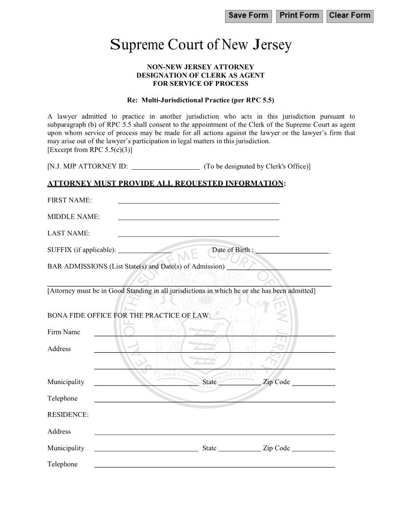 Non-New Jersey Attorney Designation Of Clerk For Service Of Process | Pdf Fpdf Docx | New Jersey