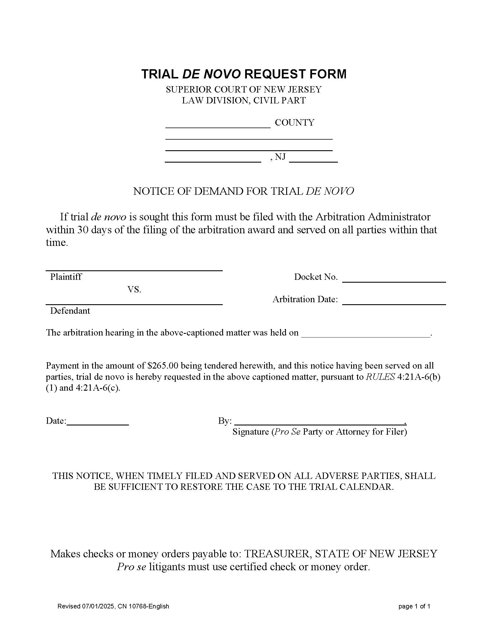 Notice Of Demand For Trial De Novo {10768} | Pdf Fpdf Doc Docx | New Jersey