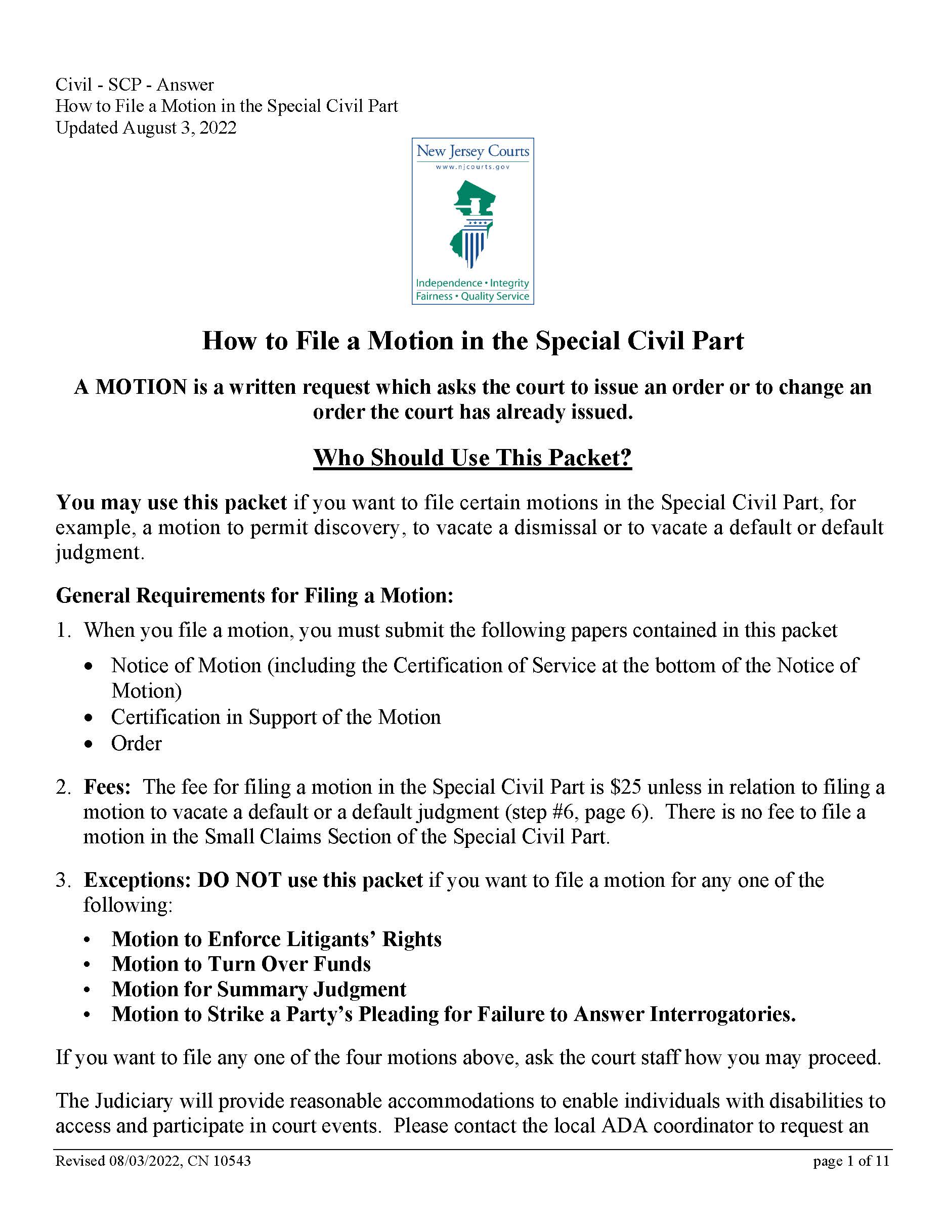 Notice Of Motion - Certification Of Service - Certification In Support - Order {10543} | Pdf Fpdf Docx | New Jersey