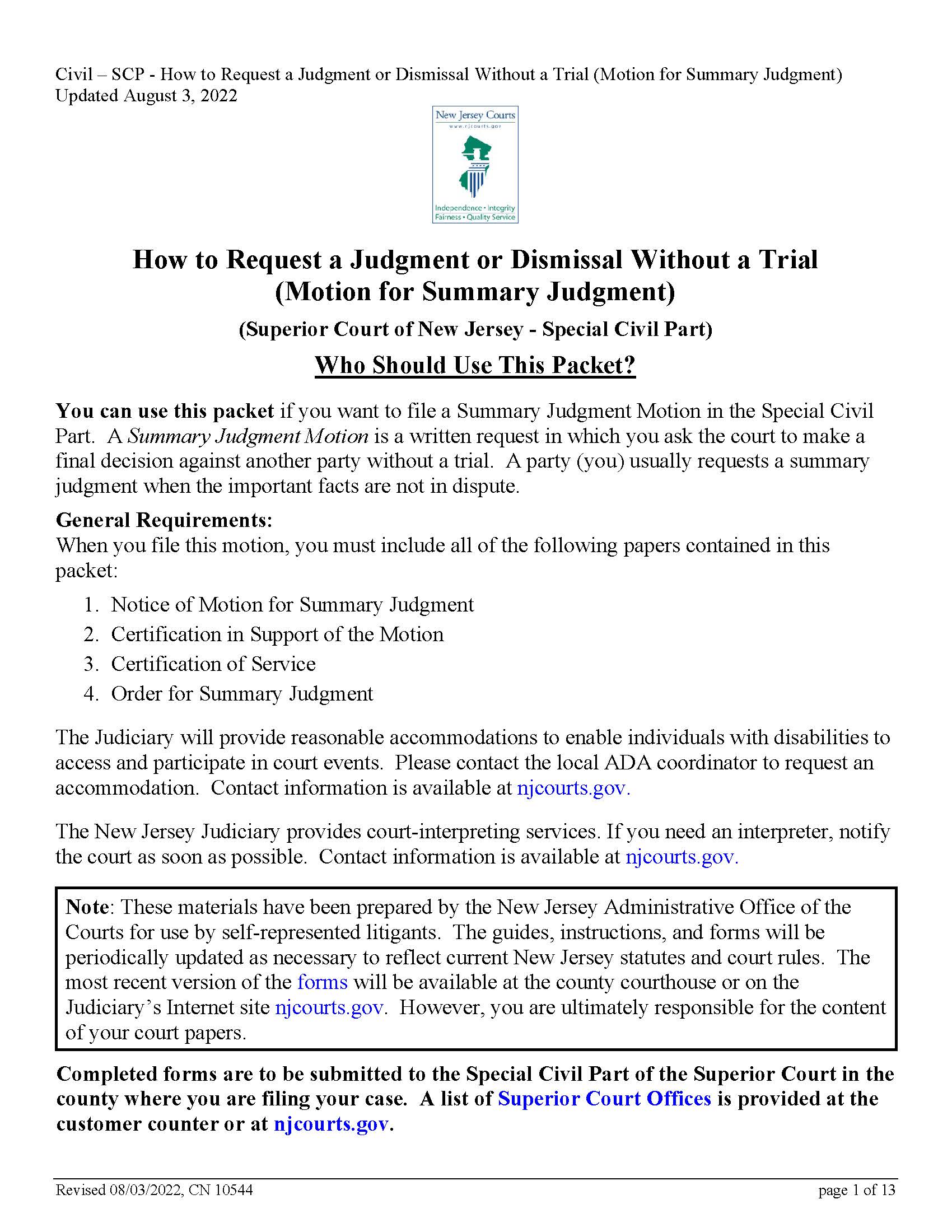 Notice Of Motion For Summary Judgment {10544} | Pdf Fpdf Docx | New Jersey