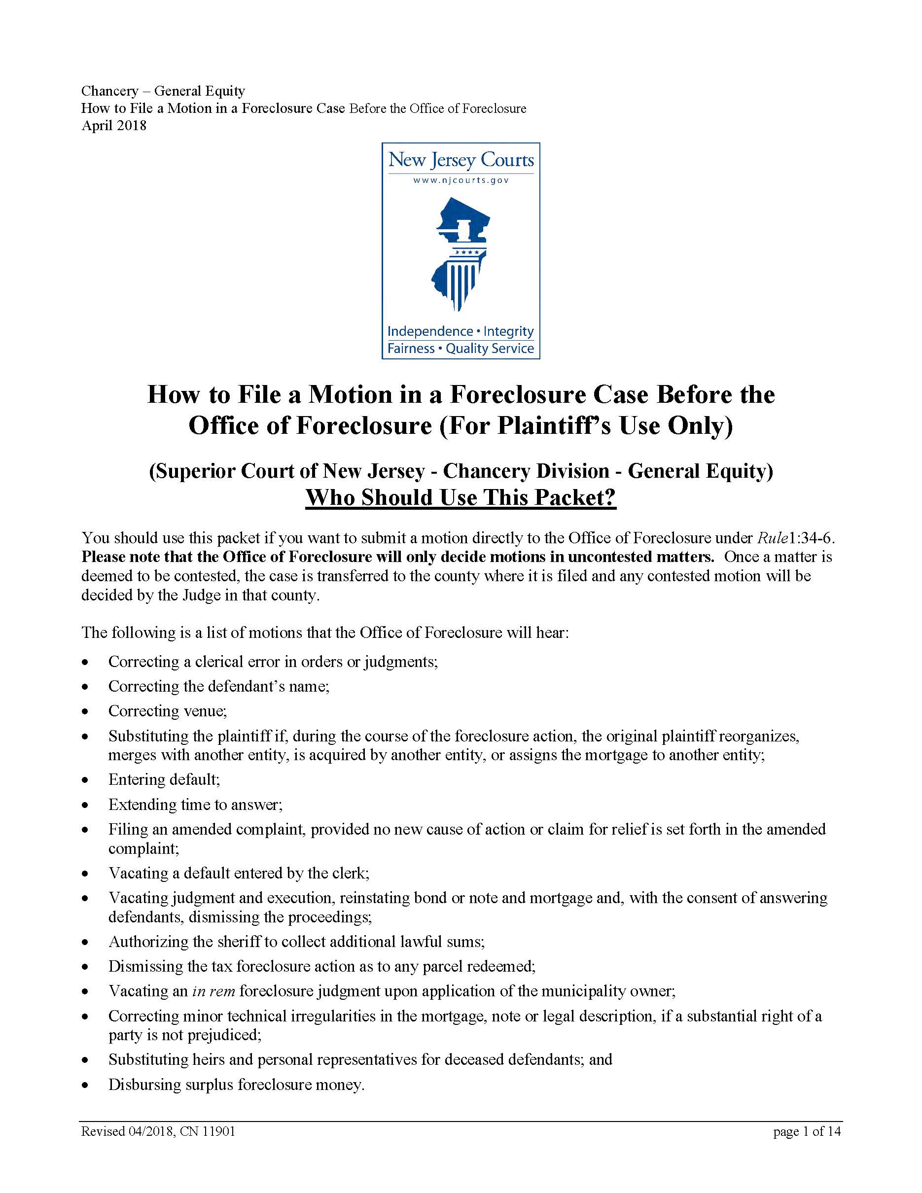 Notice Of Motion-Certification In Support-Order (Before Office Of Foreclosure) {11901} | Pdf Fpdf Docx | New Jersey