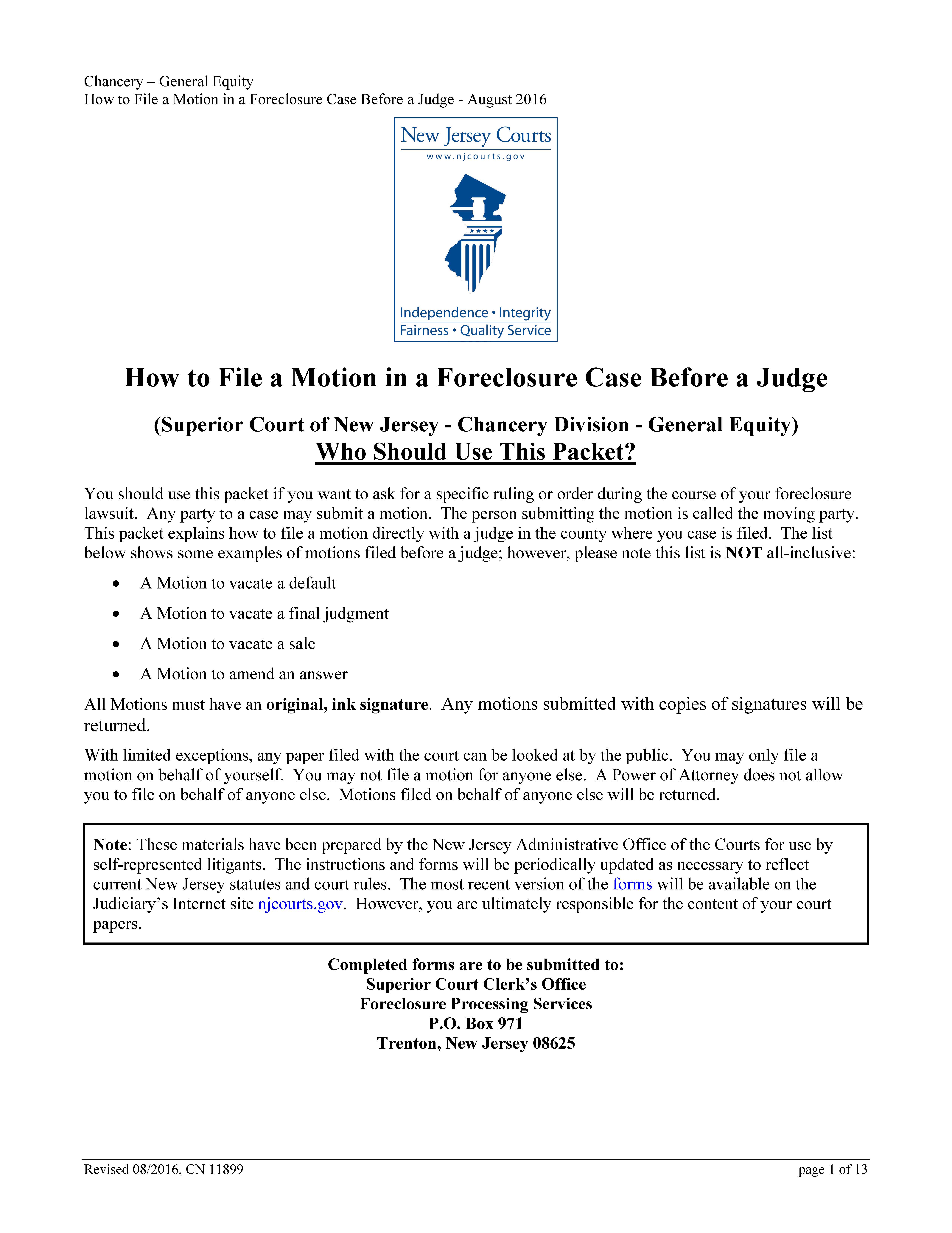 Notice Of Motion-Certification In Support-Order (Foreclosure Case - Judge) {11899} | Pdf Fpdf Docx | New Jersey