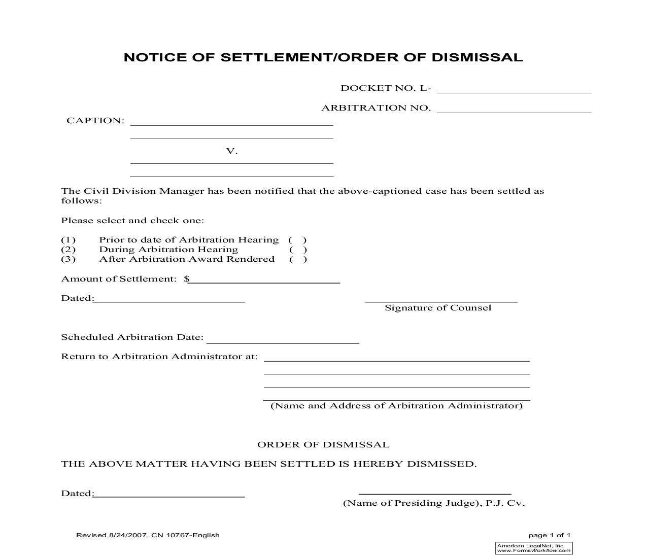 Notice Of Settlement Order Of Dismissal {10767} | Pdf Fpdf Doc Docx | New Jersey