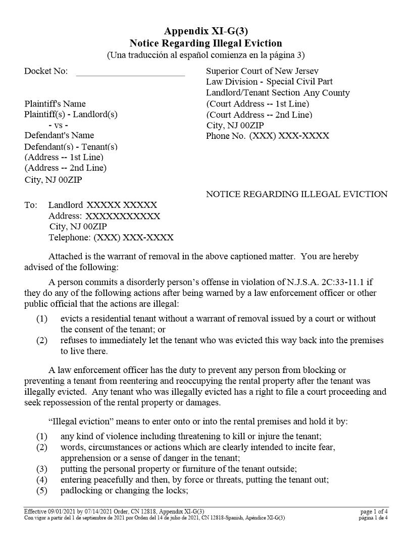 Notice Regarding Illegal Eviction Appendix XI-G(3) {12818} | Pdf Fpdf Docx | New Jersey