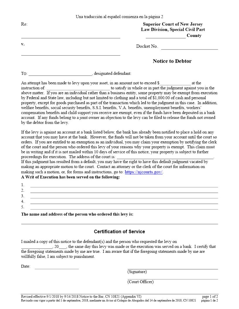 Notice To Debtor {10821} | Pdf Fpdf Docx | New Jersey
