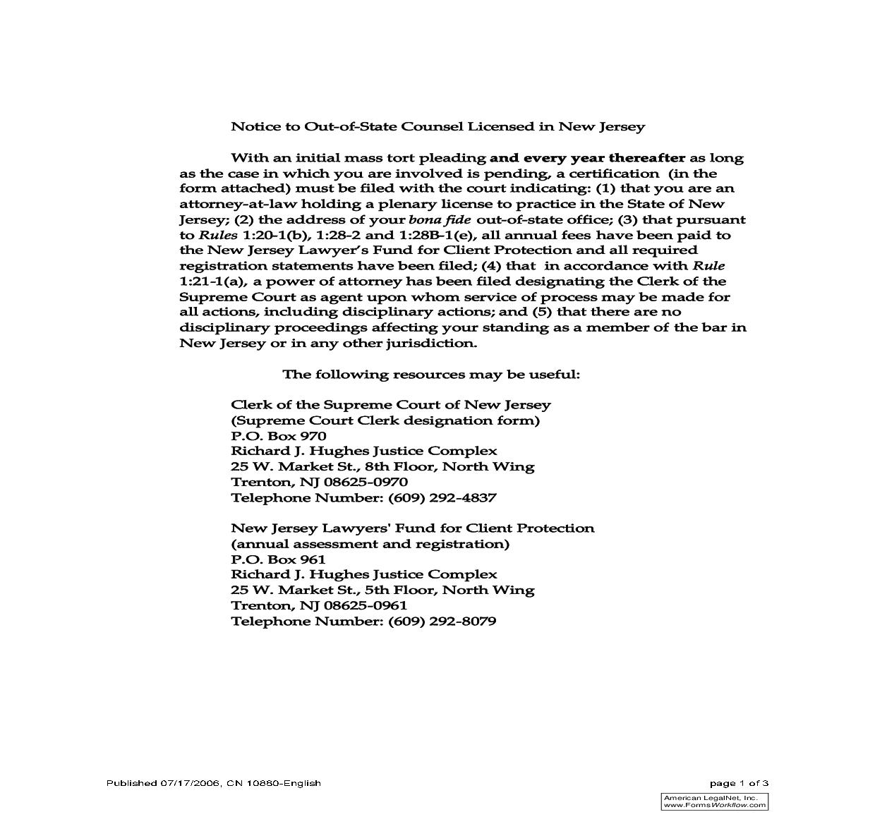 Notice and Certification to Out-of-State Counsel Licensed in New Jersey {10880} | Pdf Fpdf Doc Docx | New Jersey
