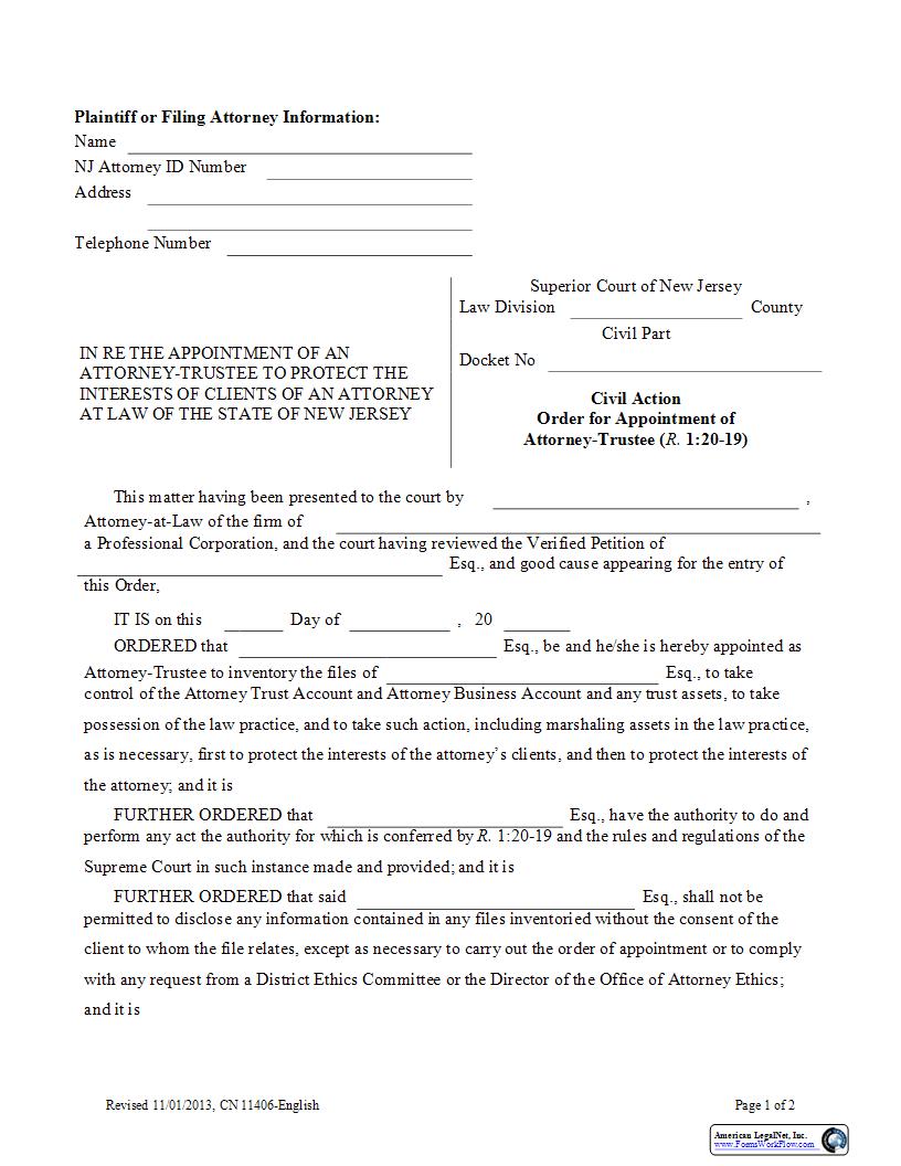 Order For Appointment Of Attorney Trustee {11406} | Pdf Fpdf Docx | New Jersey