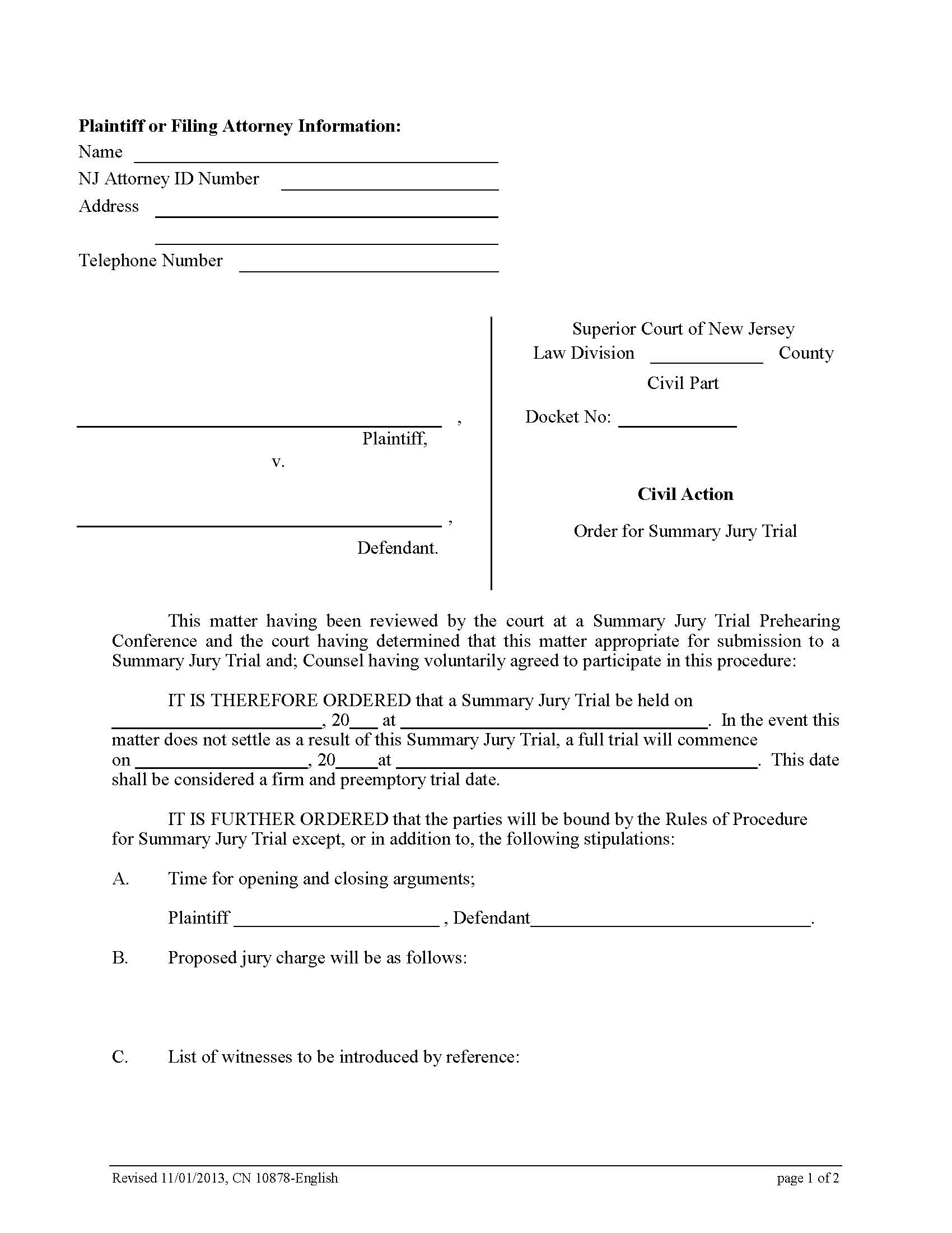 Order For Summary Jury Trial {10878} | Pdf Fpdf Doc Docx | New Jersey