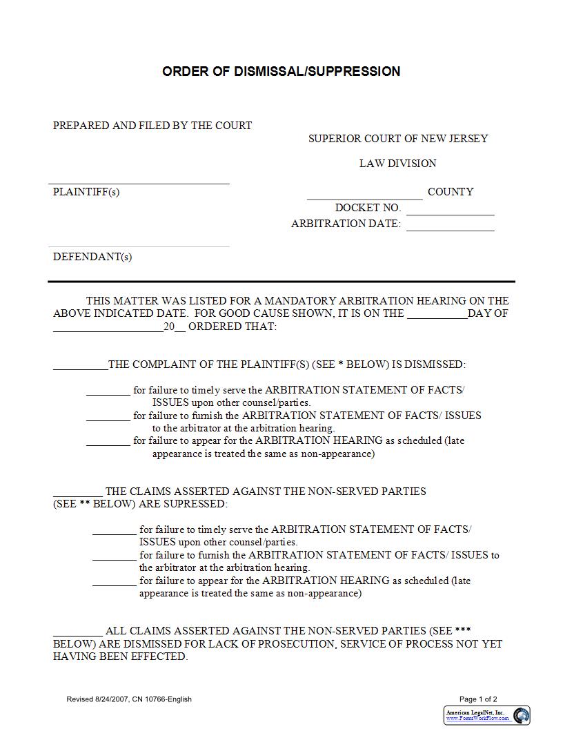 Order Of Dismissal Suppression {10766} | Pdf Fpdf Docx | New Jersey