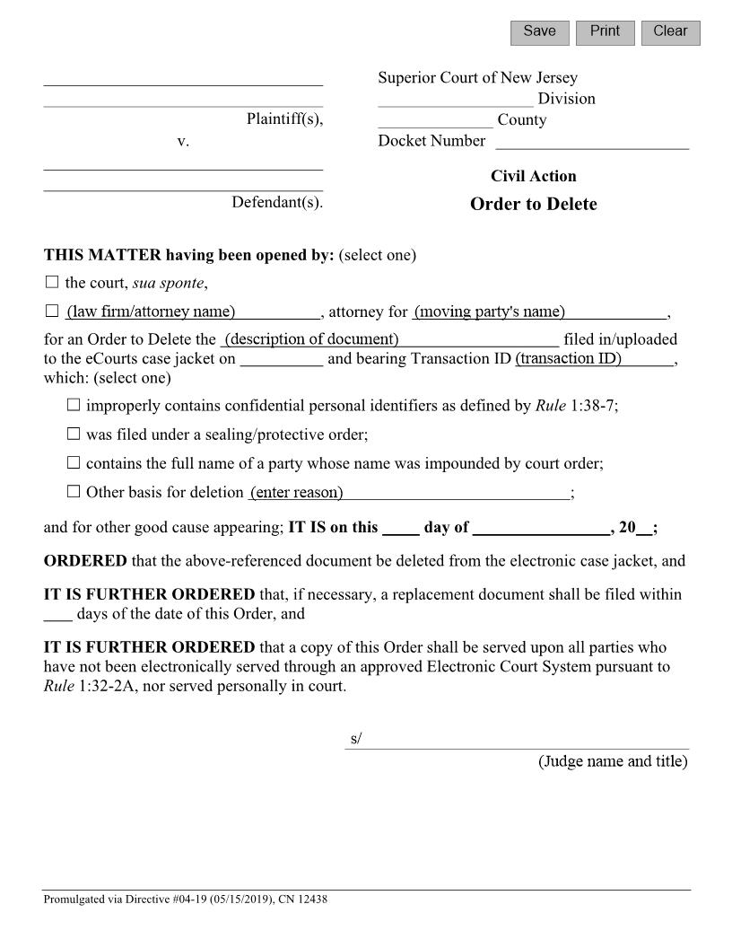 Order To Delete {12438} | Pdf Fpdf Docx | New Jersey