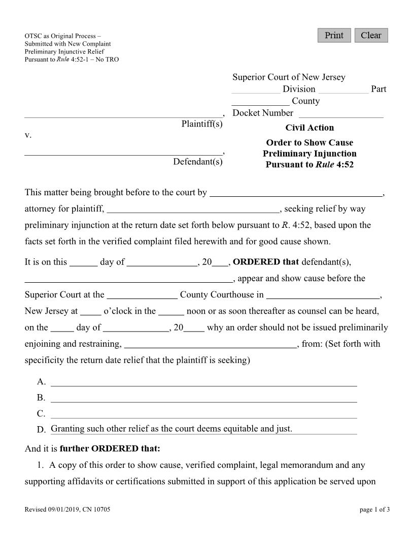 Order To Show Cause Preliminary Injunction {10705} | Pdf Fpdf Docx | New Jersey