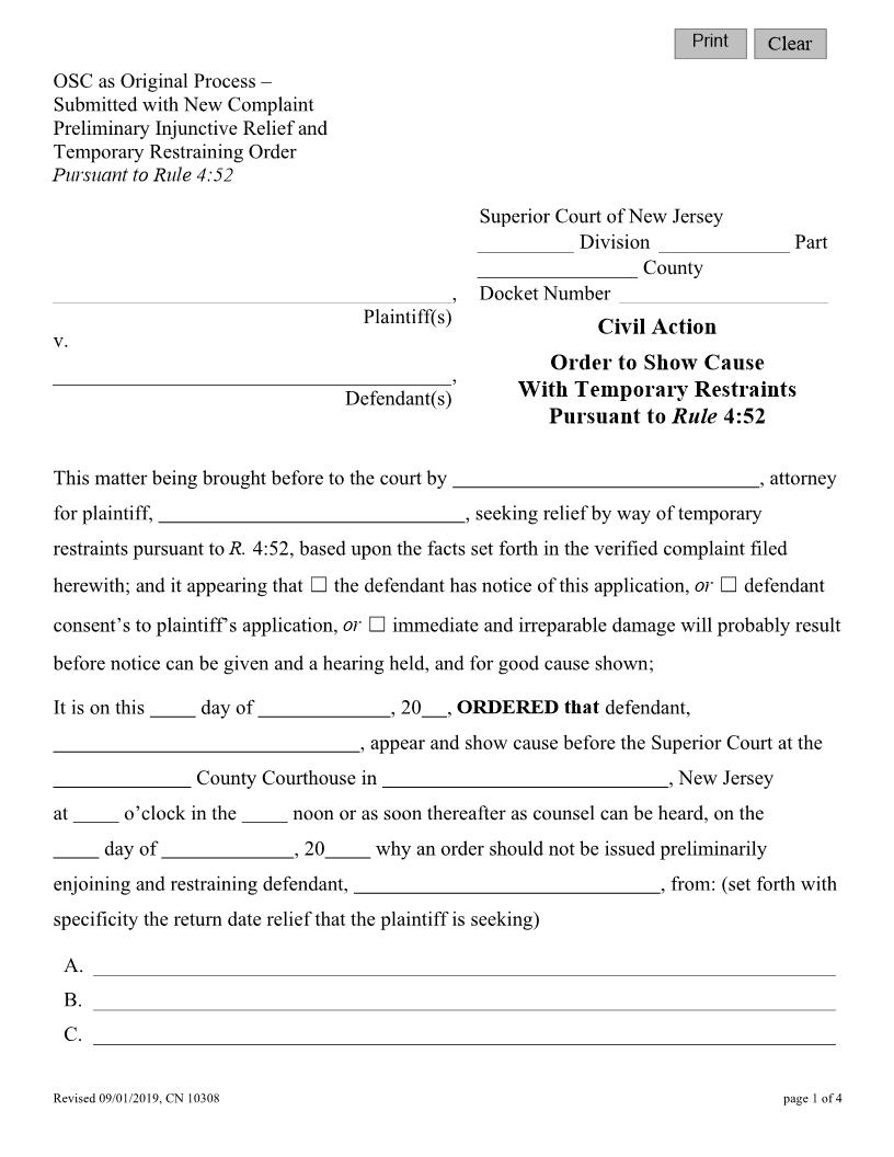 Order To Show Cause With Temporary Restraints {10308} | Pdf Fpdf Doc Docx | New Jersey
