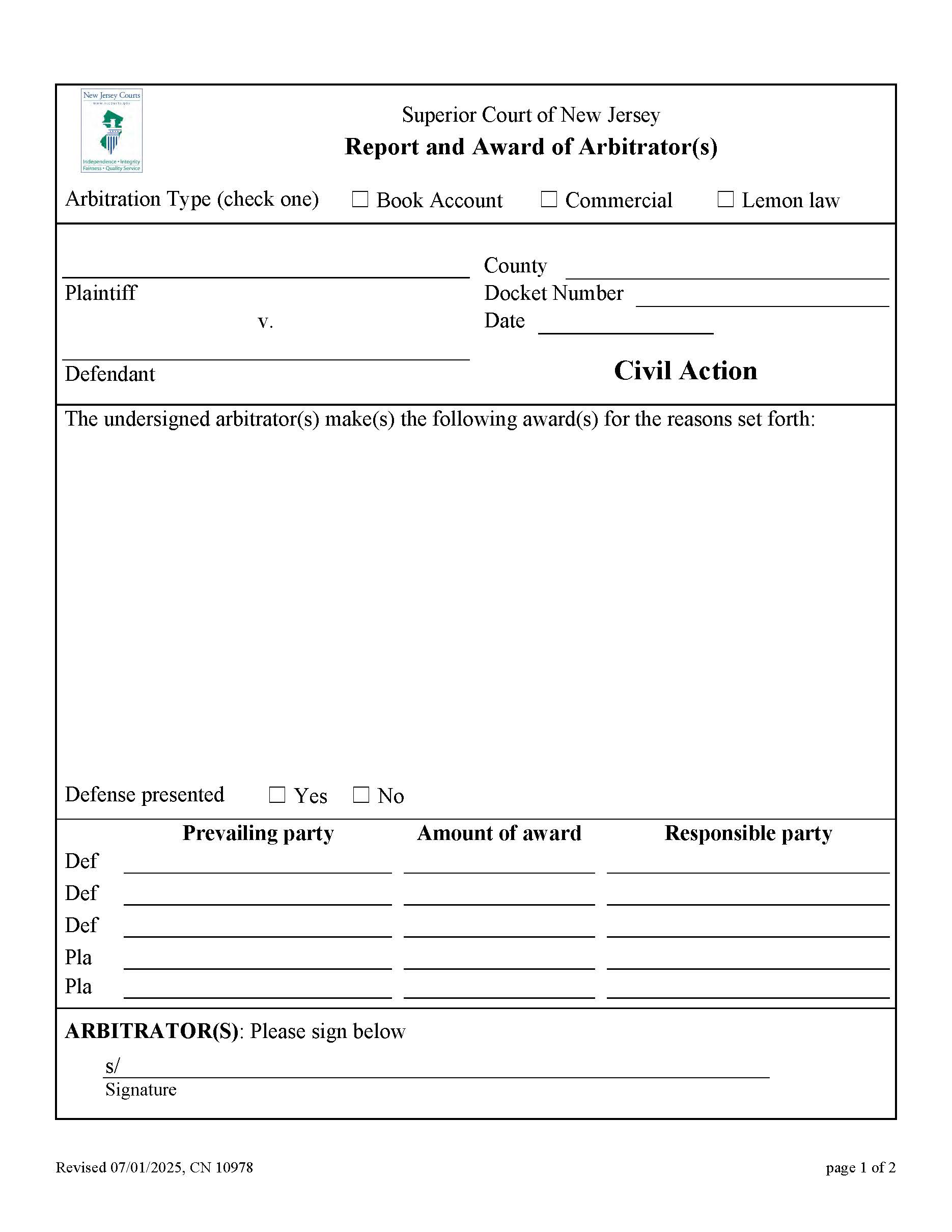 Report And Award Of Arbitrator(s) (Book Account Commercial Lemon Law) {10978} | Pdf Fpdf Doc Docx | New Jersey