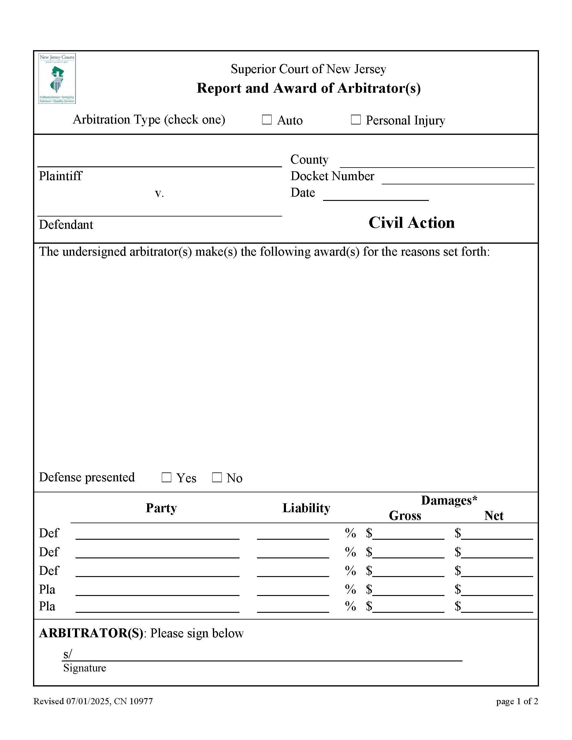 Report And Award Of Arbitrators (Auto Or Personal Injury) {10977} | Pdf Fpdf Doc Docx | New Jersey