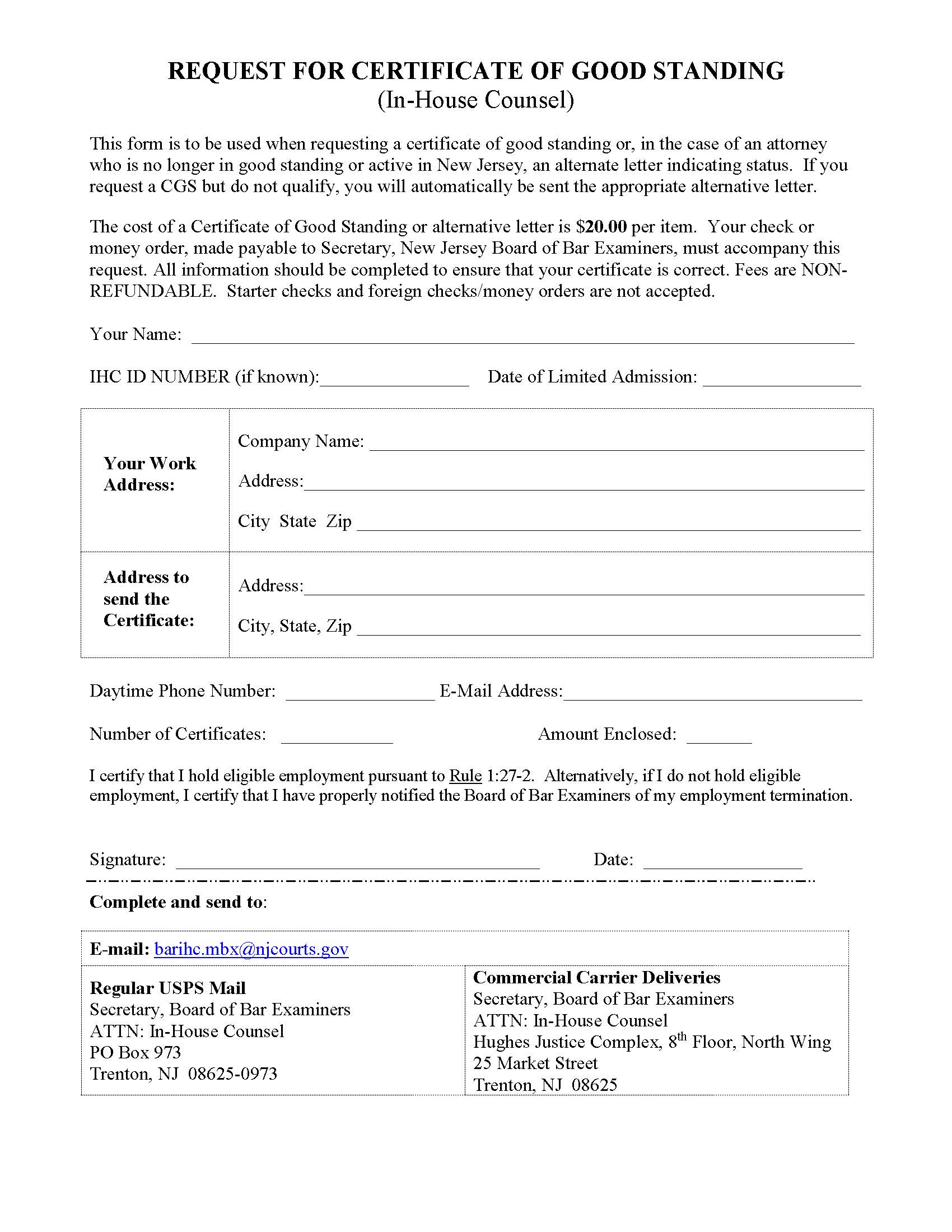 Request For Certificate Of Good Standing {In-House Counsel) {NJCD RCGSIHC} | Pdf Fpdf Docx | New Jersey