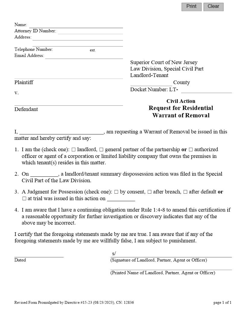 Request For Residential Warrant Of Removal {12836} | Pdf Fpdf Docx | New Jersey