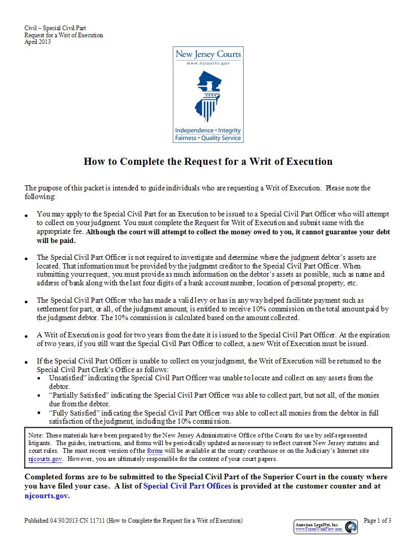 Request For Writ Of Execution {11711} | Pdf Fpdf Docx | New Jersey