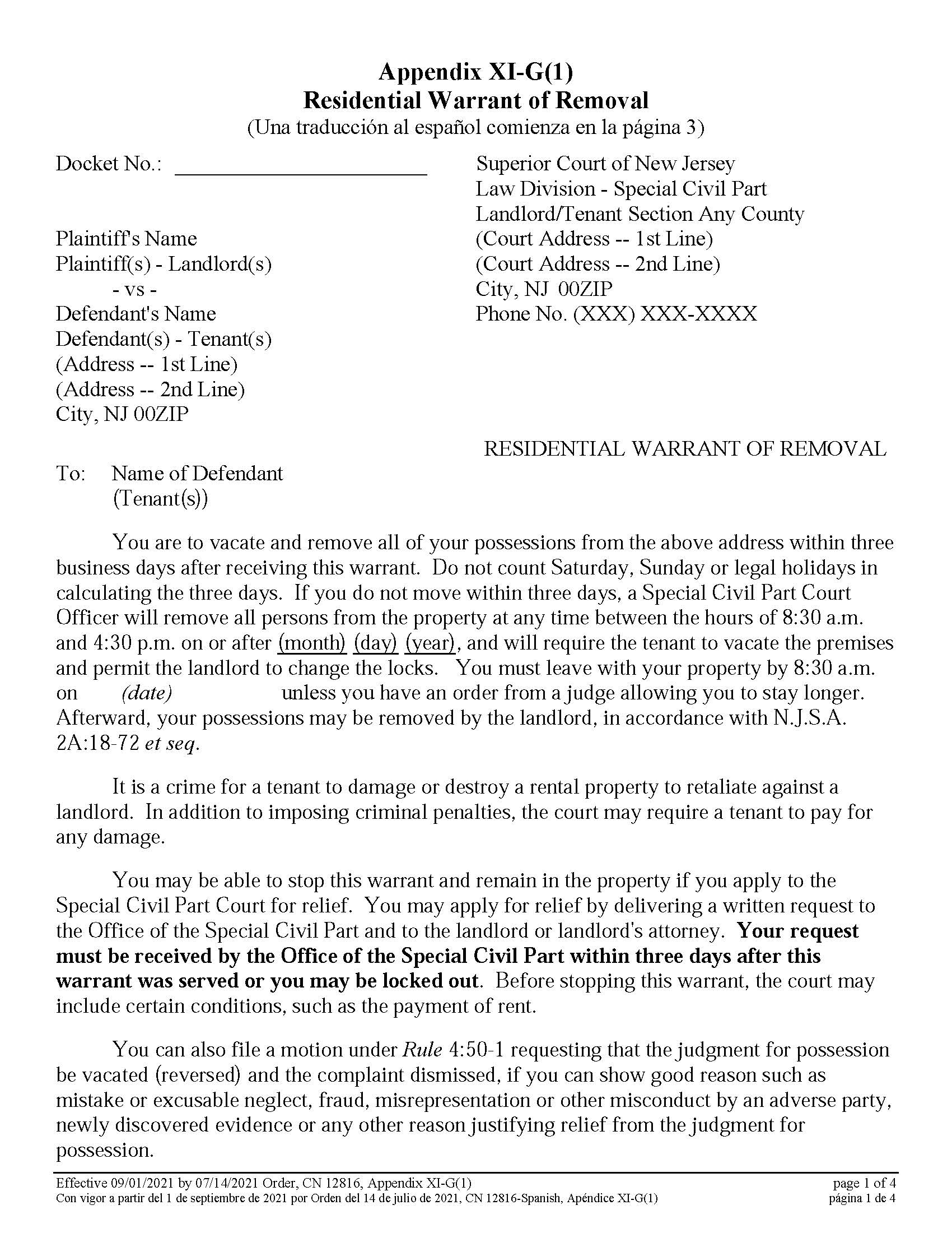 Residential Warrant Of Removal Appendix XI-G(1) {12816} | Pdf Fpdf Docx | New Jersey