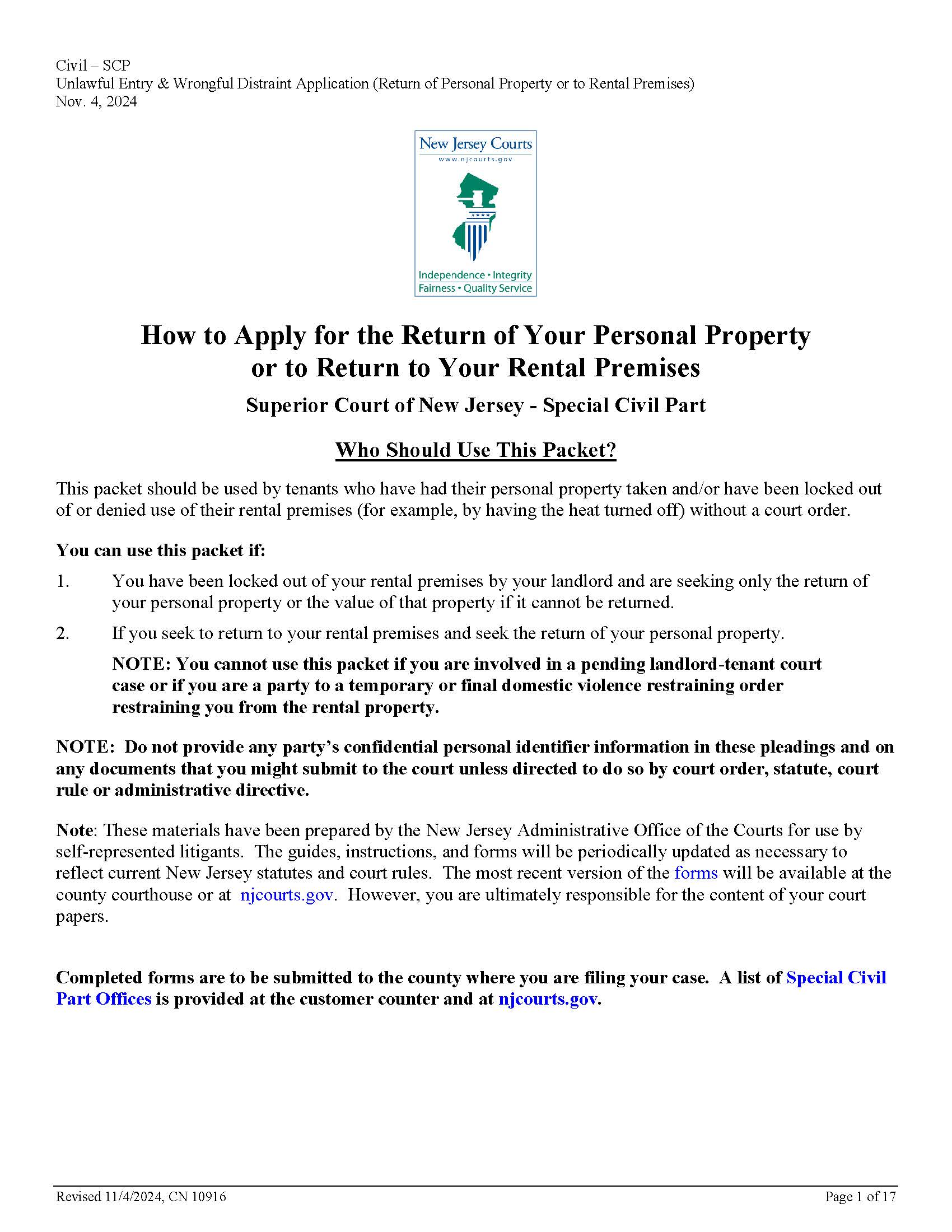 Return Of Personal Property Or Return Of Rental Premises {10916} | Pdf Fpdf Docx | New Jersey