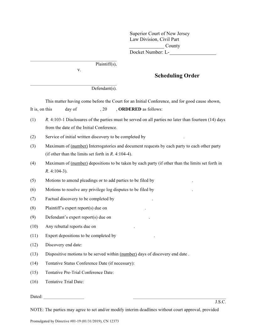 Scheduling Order CBLP) {12373} | Pdf Fpdf Docx | New Jersey