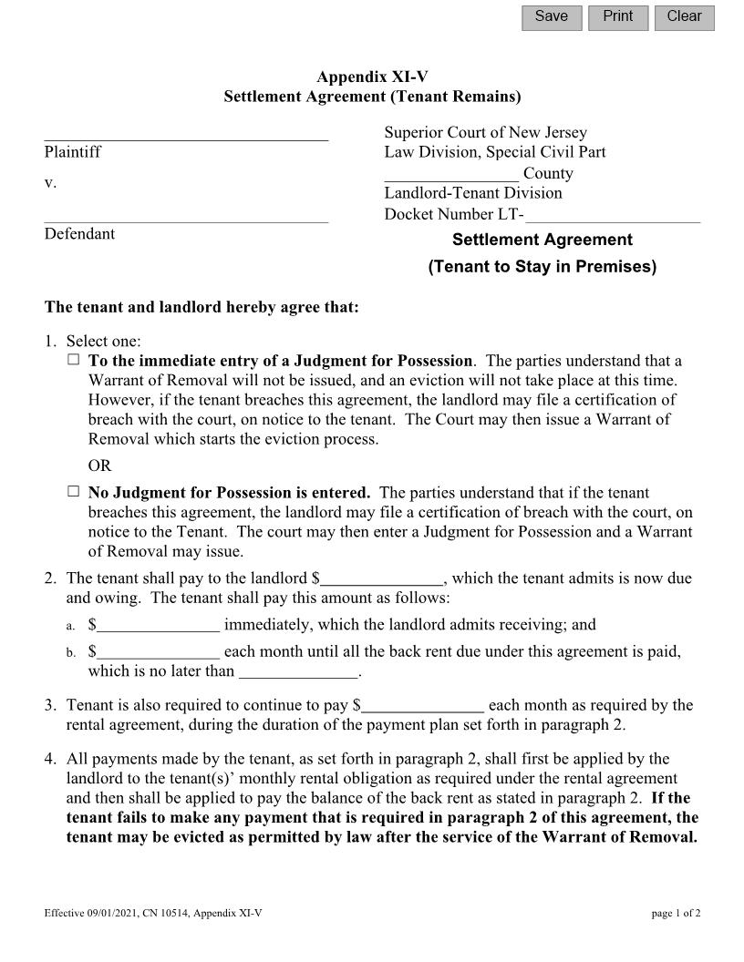 Settlement Agreement (Tenant To Stay In Premises) {10514 Appendix XI-V} | Pdf Fpdf Docx | New Jersey