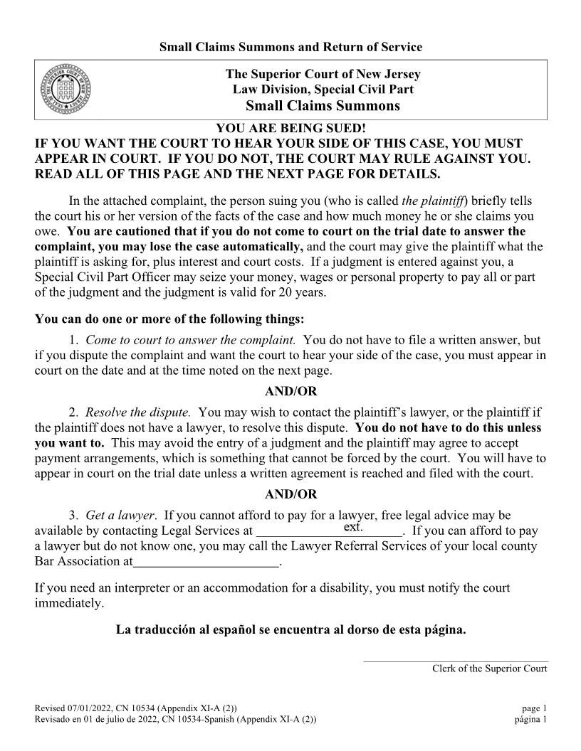Small Claims Summons And Return Of Service {10534} | Pdf Fpdf Docx | New Jersey