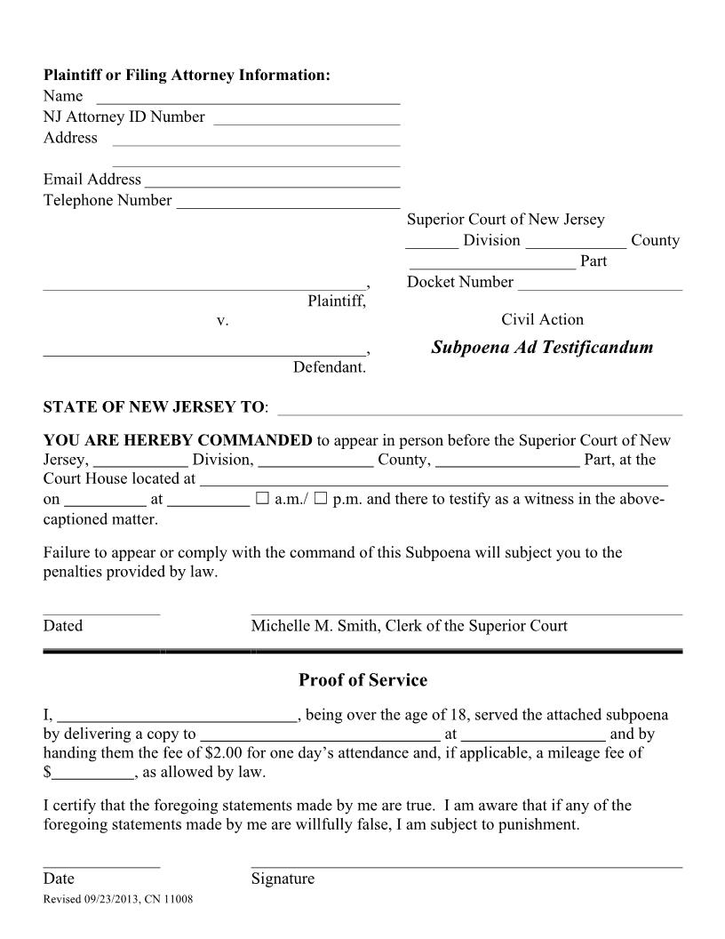 Subpoena Ad Testificandum {11008} | Pdf Fpdf Doc Docx | New Jersey