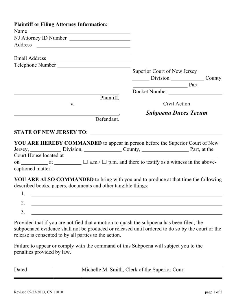 Subpoena Duces Tecum {11010} | Pdf Fpdf Doc Docx | New Jersey