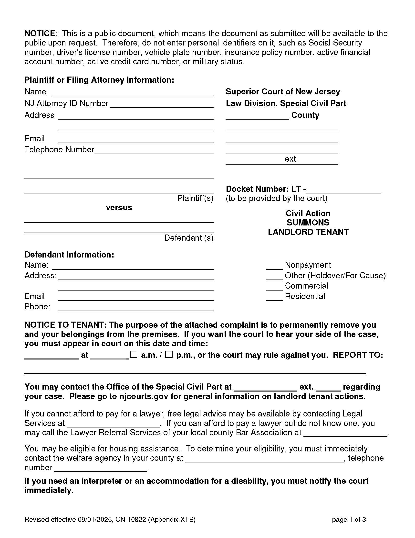 Summons Landlord-Tenant {10822} | Pdf Fpdf Docx | New Jersey