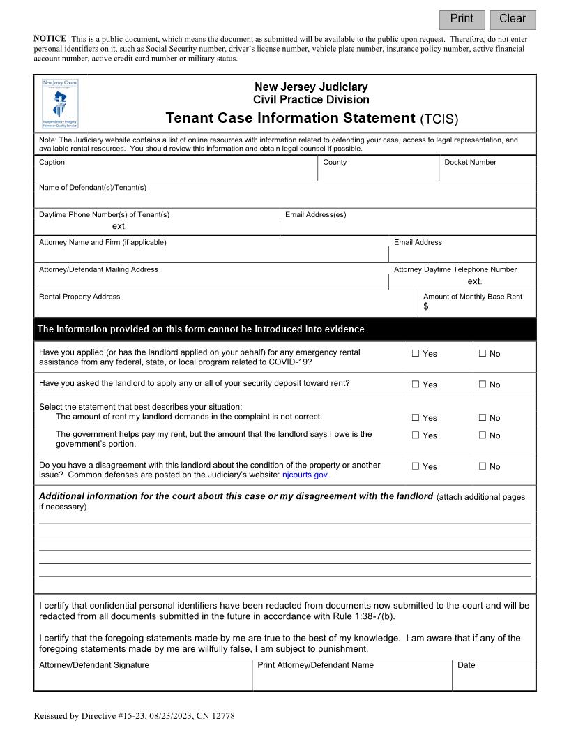 Tenant Case Information Statement {12778} | Pdf Fpdf Docx | New Jersey
