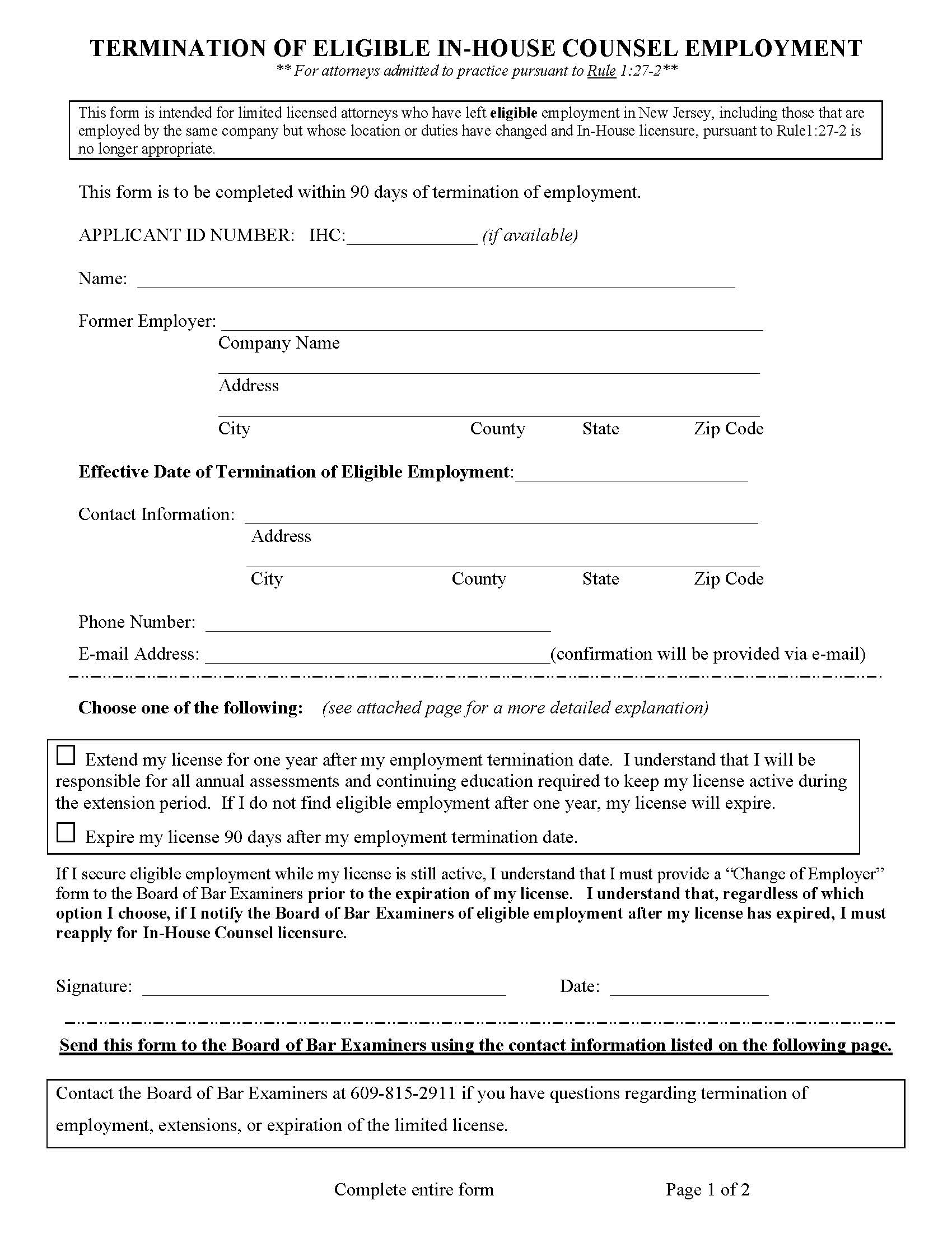 Termination Of Eligible In-House Counse Employment {NJCD TIHCE} | Pdf Fpdf Docx | New Jersey