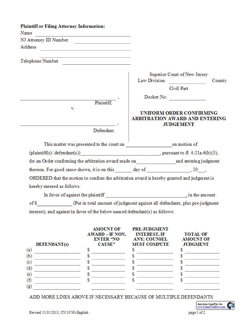 Uniform Order Confirming Arbitration Award And Entering Judgment {10763} | Pdf Fpdf Docx | New Jersey