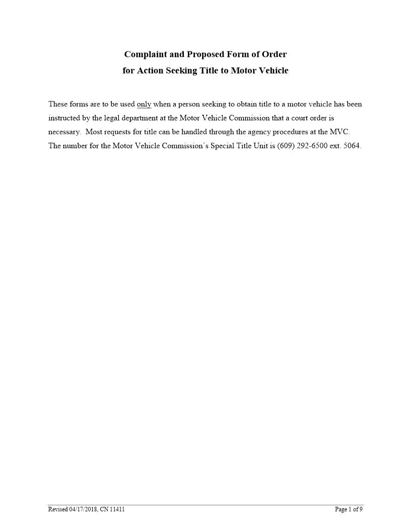 Verified Complaint Declaration Ownership Motor Vehicle (With Judgment OSC Certification) {11411} | Pdf Fpdf Docx | New Jersey