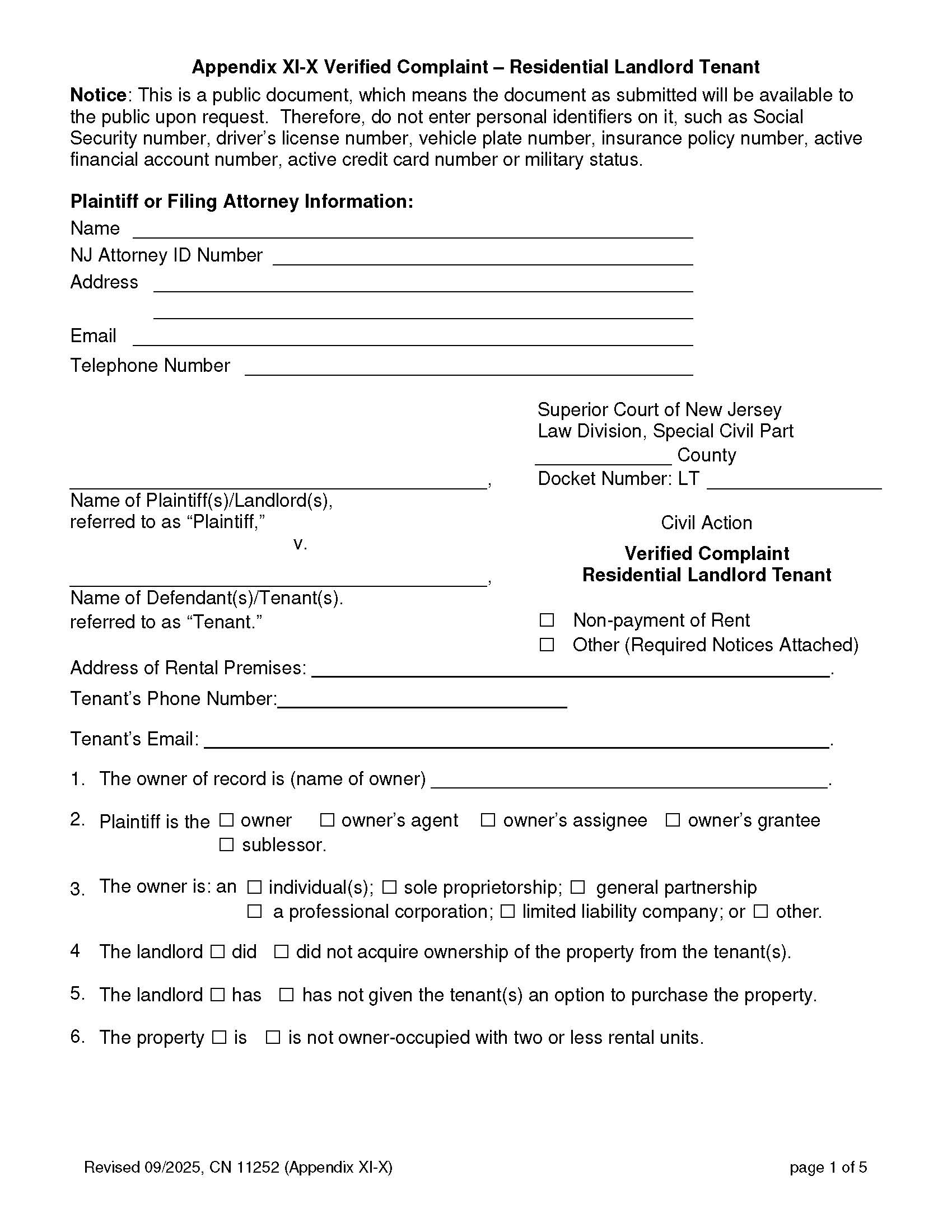 Verified Complaint Landlord Tenant {11252} | Pdf Fpdf Docx | New Jersey